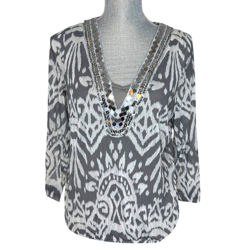 INC Silver abstract Sheer Metallic trim top  M
